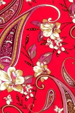 Viscose twill stof, grote paisleyprint, rood/paars/beige/offwhite. X183 Laatste Kans