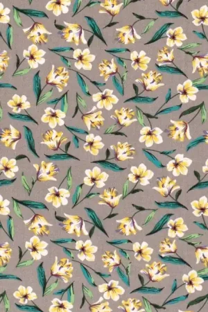 Viscose poplin stof, bloemenprint, grijs/groen/geel. C0986 Direct Verzonden