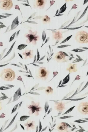 Wafeldoek stretch stof, fijn, digitale bloemenprint, wit/zand/grijs. C875 Snelle Levering