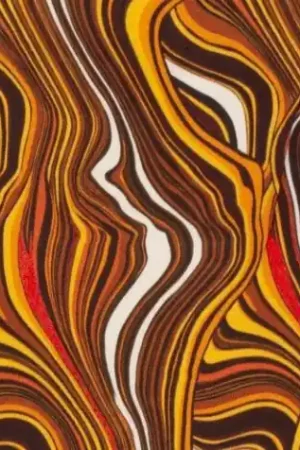 Viscose satijn stof, retroprint, bruin/oranje/wit. C666 Favoriet