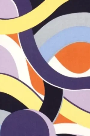Viscose stof, soepel vallend en luchtig, abstracte golf- en cirkelprint, paars/oranje/blauw/geel. C451 Seizoensaanbieding