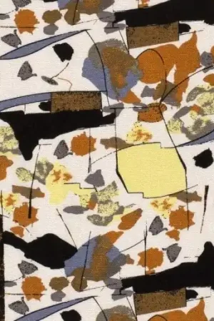 Viscose stof, linnenlook, abstracte print, offwhite/geel/zwart. C355 Koopje