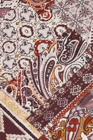 Viscose stof, schuine blokken en verschillende prints, paars/goud/lila. C223 Bestseller