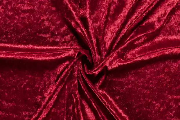 Velour de panne stof , donker rood . VP016 Speciale Aanbieding