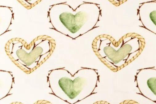 Actieprijs Tricot katoen stof, digitale print, hartjes met lijst, offwhite/groen. A0845