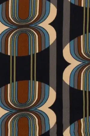 Viscose stof, glanzend, abstracte print, zwart/bruin/grijs/blauw. A0786 Shop Nu