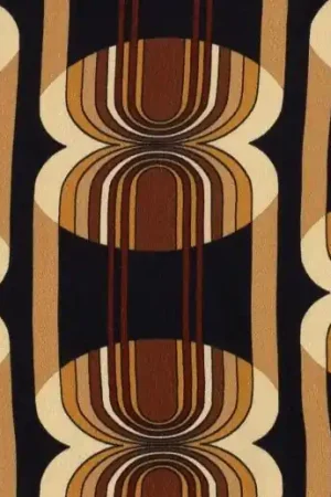 Viscose stof, glanzend, abstracte print, zwart/bruin/goud. A0785 Beperkt Aanbod