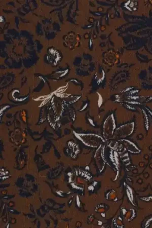 Viscose satijn stof, fijne bloemenprint, bruin/donkerblauw/oranje. A0572 Favoriet