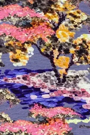 Viscose stof, digitale bloesemprint, lila/roze/geel/grijs/paars. A0503 Populair