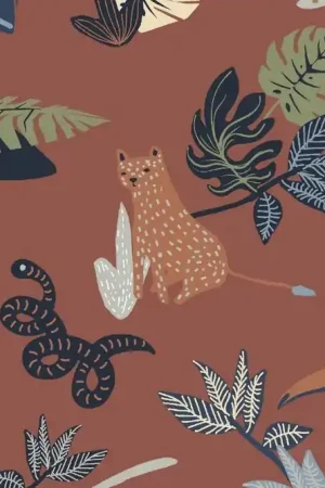 Actieprijs Tricot katoen stof, safaridieren, steenrood/blauw/groen. A0062