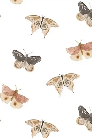 Beperkte Voorraad Tricot katoen stof, vlinders, wit/zalm/grijs. A0057