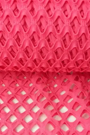 Aanbieding Lycra gaatjes stof, opengewerkt grote mazen , fluor roze . LYM6