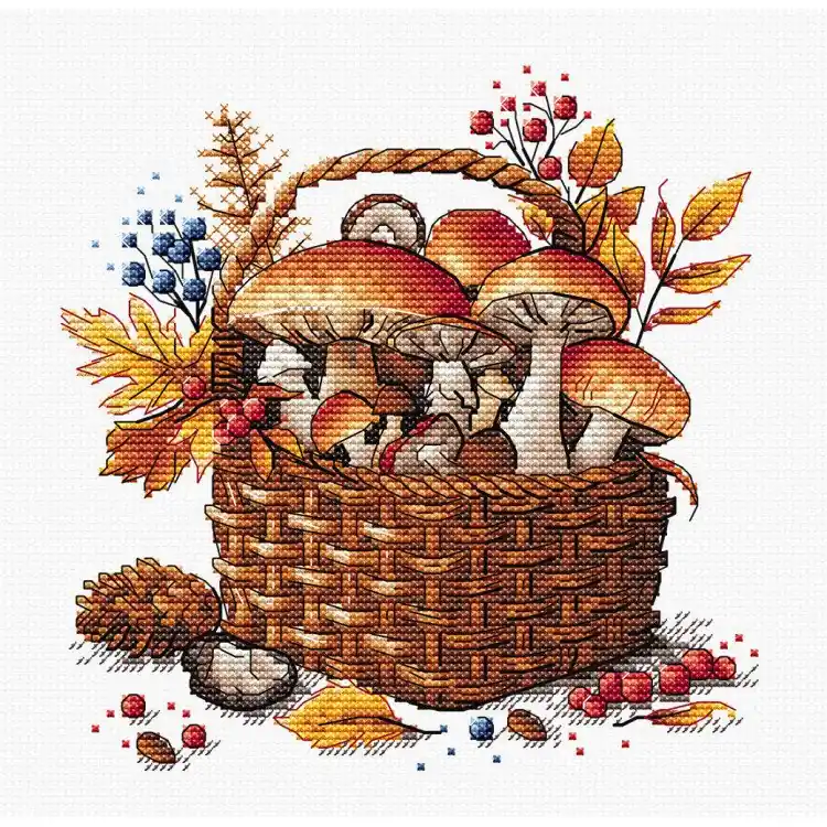 Borduurpakket - Basket of Autumn Mushrooms - Ava Stitch Voordeelprijs