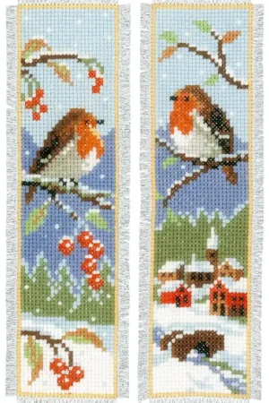 Tijdelijk Beschikbaar Roodborstjes boekenlegger borduurpakket – Set van 2, Vervaco