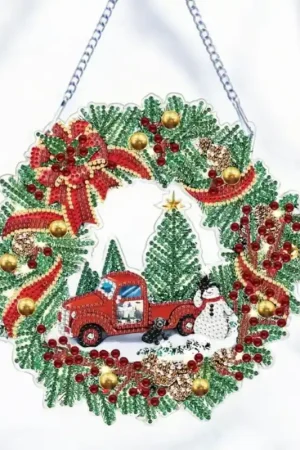 Diamond painting muurhanger Kerstkrans met sneeuwpop en auto Direct Beschikbaar