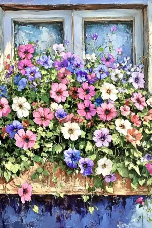 Betrouwbaar Bloemen aan het raam Diamond Painting - vierkant / 30x30