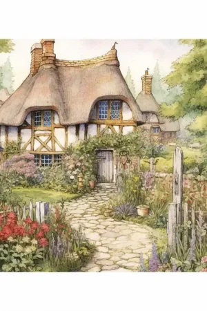 Direct Verzonden Landhuis met wilde bloemen tuin Diamond Painting ** - rond / 30x40